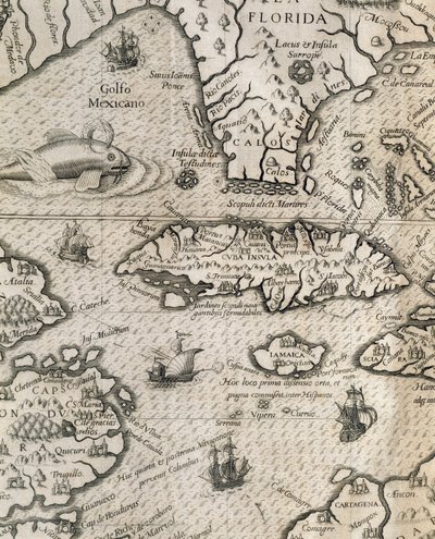 Ostrov Kuba, Florida a Mexický záliv, rytina z historie amerických velkých plaveb od Theodore de Bry
