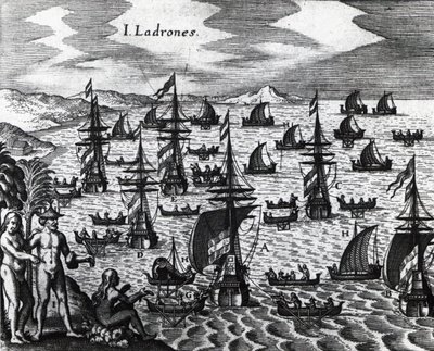 Ostrovy zlodějů (Islas de los Ladrones, dnes ostrovy Marianas), rytina z Peregrinationes, od Theodora de Bry (1528-1598). 16. století od Theodore de Bry