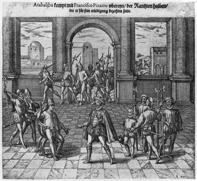 Král Atahualpa (asi 1502-33) léčí své výkupné s Franciscem Pizarrem, 1533 (rytina) (černobílá fotografie) od Theodore de Bry