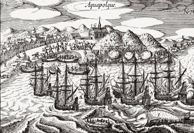 Mexiko, Pohled na Acapulco - Mexiko (Aquapolque), Theodore de Bry, ca. 1630. Raný pohled na koloniální osadu v Acapulcu, kterou Španělé používali jako hlavní přístav pro svůj tichomořský obchod s Filipínami. Přístav je plný galeon a lar od Theodore de Bry