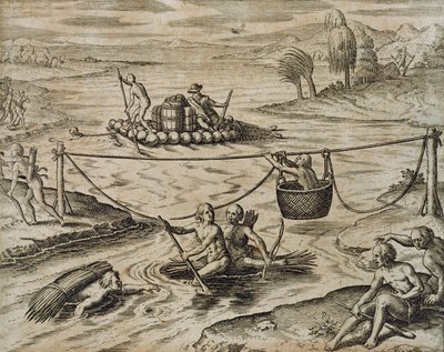 Indiáni jdoucí dolů River Rapids, Theodore de Bry od Theodore de Bry