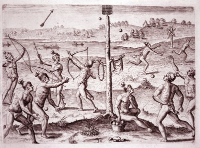 Domorodí Američané cvičí běh, střílení šípů a házení míčem, Florida (Graving od Theodore de Bry