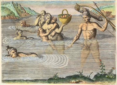 Domorodci na Floridě: rodina plavající z jednoho ostrova na druhý. Z „“Americee,“ část II od Theodore de Bry