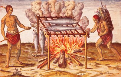 Domorodci žijí: Jak indiáni vaří ryby, ilustrace z Admiranda Narratio od Theodora De Bryho od Theodore de Bry