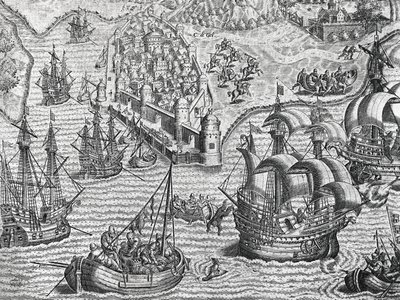 Námořní bitva, rytina z americké historie od Theodora de Bry (1528-1598), Frankfurt od Theodore de Bry