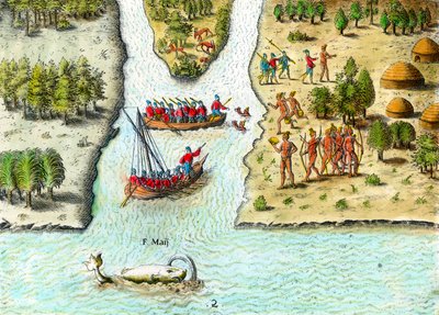 Plavba Francouzů v Jižní Americe v 16. století“. Je zastoupena velryba. Rytina z „History of America“ od Theodora De Bryho (1528-1598) Soukromá sbírka ze 16. století od Theodore de Bry