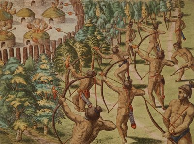 Noční útok na indickou vesnici s planoucími šípy od Theodore de Bry