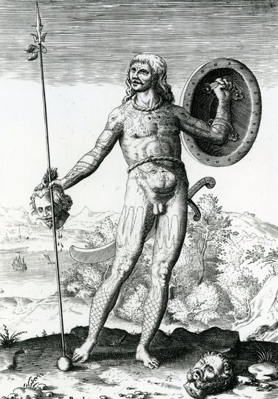 Piktický muž držící lidskou hlavu od Theodore de Bry