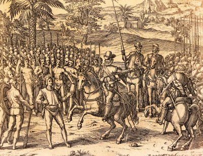 Pizarro je vítán domorodci, ilustrace z americké historie Theodore de Bry od Theodore de Bry