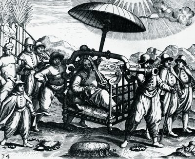 Portugalci v Indii, přepravováni na podestýlce, rytina z Peregrinationes, Theodor de Bry (1528-1598), Indie od Theodore de Bry