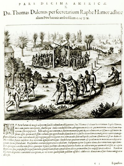 Ralph Hamor navštěvuje Powhatan, 1619 (rytina) (černobílá fotografie) od Theodore de Bry