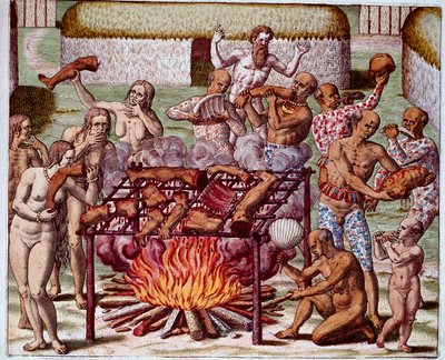 Scéna kanibalismu v Brazílii Indiáni požírali své nepřátele a vězně. Rytina z „Admirante Narratio Americae““ od Theodora de Bry (1528-1598) od Theodore de Bry