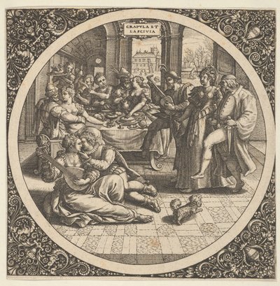 Scéna s Galanty na banketu v kruhu ve středu, 1580-1600. od Theodore de Bry
