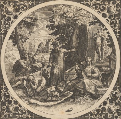 Scéna s varováním před pohlavní nemocí v kruhu ve středu, 1580-1600. od Theodore de Bry