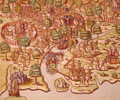Obléhací a útočná taktika ve střetech mezi domorodci a dobyvateli od Theodore de Bry