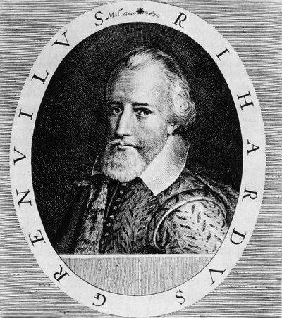 Sir Richard Grenville (asi 1541-91), z knihy "Newe Welt und Americanische Historien" od Johanna Ludwiga Gottfrieda, vydal Mattaeus Merian, Frankfurt, 1631. od Theodore de Bry