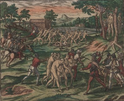 Otroci se pokoušejí překonat své španělské vlastníky, ale jsou zajati a oběšeni na stromech, 1595. od Theodore de Bry