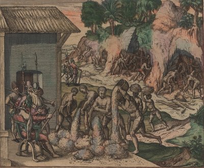 Otroci sypou rudu před evropskými vojáky. V pozadí otroci pracují v dolech, 1595. od Theodore de Bry
