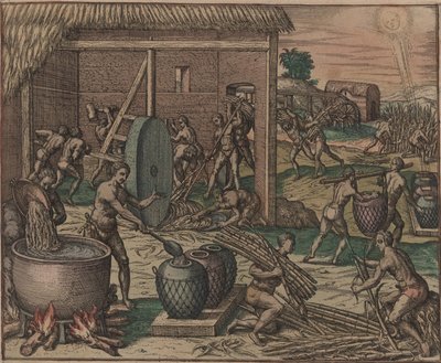 Otroci zpracovávají cukrovou třtinu a vyrábějí cukr, 1595. od Theodore de Bry