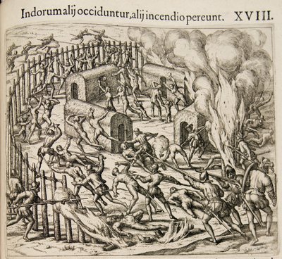 Někteří Indiáni jsou zabiti, někteří zahynou při požáru. Od: Americae pars qvarta od Theodore de Bry