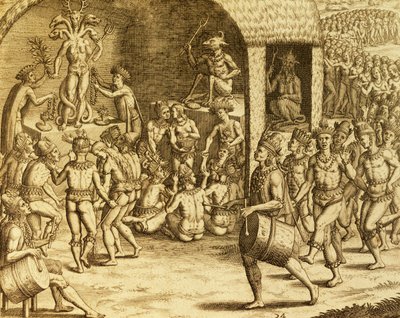 Jihoamerický domorodý náboženský rituál, rytina z Historia americae, Theodor de Bry (1528-1598), Frankfurt od Theodore de Bry