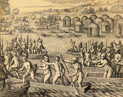 Jihoameričtí domorodci útočící na lodě dobyvatelů od Theodore de Bry