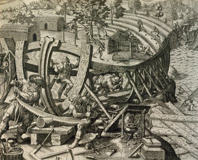 Španělští námořníci staví karavelu, rytina z Historia Americae, Theodor de Bry (1528-1598) od Theodore de Bry
