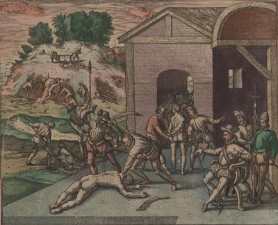 Španělští vojáci pozorují a vykonávají trest otroka, 1595. od Theodore de Bry