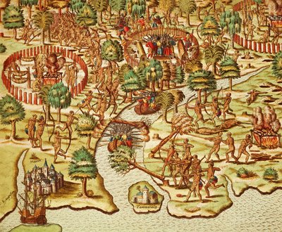 Techniky obléhání a útoku, rytina Theodora de Bry (1528-1598), z Americae tertia pars od Theodore de Bry