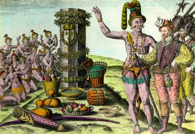 Floridské přišel sloup erigee od francouzského mořeplavce Jeana Ribaulta (1520-1565) z první expedice na Floridu Rytina z „Historie Ameriky“ od Theodora De Bryho (1528-1598) Soukromá sbírka 16. století od Theodore de Bry