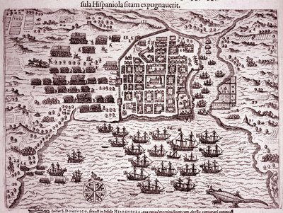 Flotila Francise Drakea okupuje ostrov Santo Domingo (rytina od Theodore de Bry