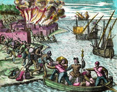 Francouzi plení a vypalují město Chioreran Rytina z „Historie Ameriky““ od Theodora de Bry (1528-1598) Soukromá sbírka ze 16. století od Theodore de Bry
