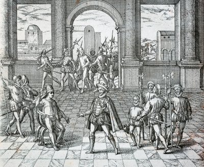 Incký král Atahualpa je zajat Španěly v Cajamarce, Ilustrace z americké historie Theodore de Bry od Theodore de Bry