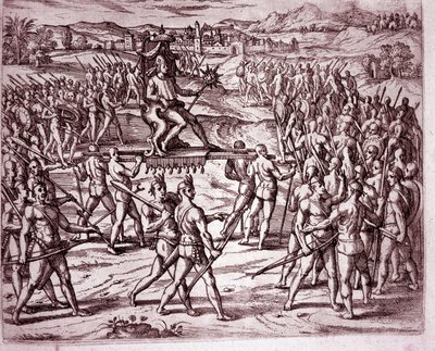 Incký král Atahualpa (nebo Atabaliba), držící žezlo ve tvaru slunce, je nesen na nosítkách, aby se setkal s Franciscem Pizarrem (rytina od Theodore de Bry
