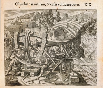 Španělé staví svou první loď v Novém světě, rytina Theodora de Bry (1528-1598) z Ameriky od Theodore de Bry