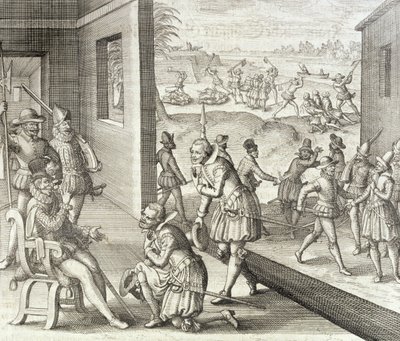 Španělské dobytí pevnosti Caroline, 1565, z knihy "Newe Welt und Americanische Historien" od Johanna Ludwiga Gottfrieda, vydané Mattaeusem Merianem, Frankfurt, 1631. od Theodore de Bry