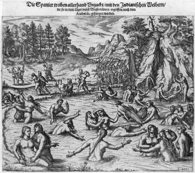 Španělé zneužívali indické ženy po zajetí krále Atahualpy (asi 1502-33) v roce 1532 od Theodore de Bry