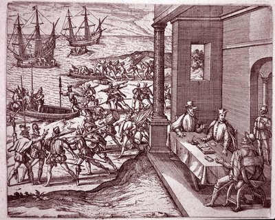 Španělští dobyvatelé Francisco Pizarro, Diego de Almagro a Hernando de Luque spojili své síly, aby dobyli Peru (rytina od Theodore de Bry