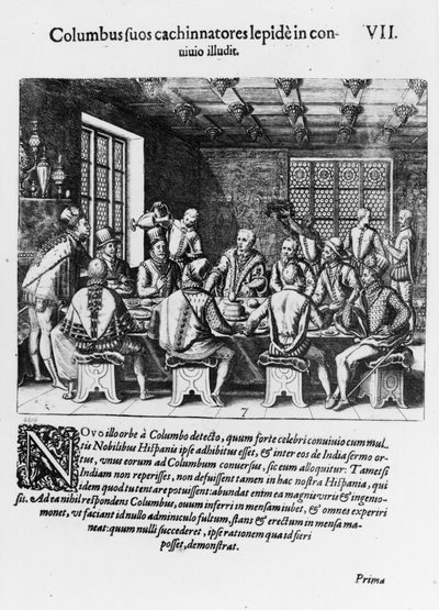 Příběh vejce Kryštofa Kolumba (1450-1506) 1585-88 (rytina) (černobílá fotografie) od Theodore de Bry