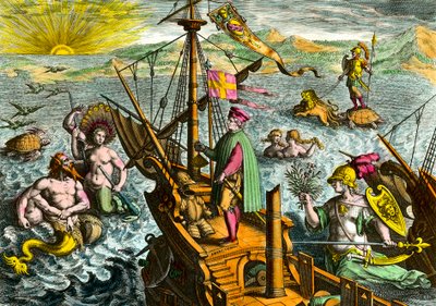 Loď italského mořeplavce Ameriga Vespucciho (1454 - 1512) od Theodore de Bry