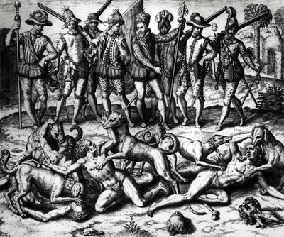 Psi Vasco Nunez de Balboa (1475-1571) útočící na Indiány od Theodore de Bry