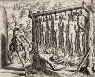 Třináct oběšených a upálených obětí, vyobrazení zločinů spáchaných na Indiánech španělskými osadníky z 