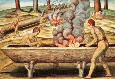 Domorodci z Virginie staví pirogu od Theodore de Bry