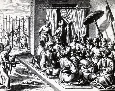 Svatební obřad v Bantamu na ostrově Jáva, autor Theodor de Bry (1528-1598). rytina od Theodore de Bry