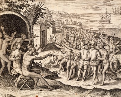 Vítající holandština, rytina z díla India orientalis, Theodor de Bry (1528-1598), Indonésie od Theodore de Bry