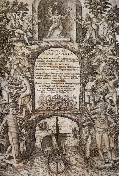 Západní Indie nebo Amerika, Theodor de Bry (1528-1598), frontispis, rytina od Theodore de Bry