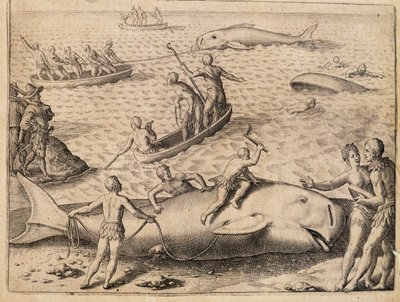 Lov velryb u Špicberků, rytina Theodora de Bry (1528-1598) z Indie Orientalis (východní Indie) od Theodore de Bry