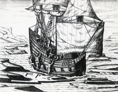 Loď Williama Barentse (asi 1550-1597) během třetí holandské expedice při hledání severovýchodní cesty, Theodor de Bry (1528-1598), rytina od Theodore de Bry