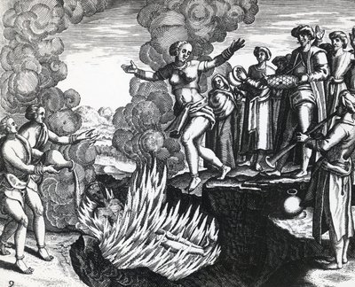 Žena vrhající se na manželovu hranici, Theodor de Bry (1528-1598), rytina od Theodore de Bry