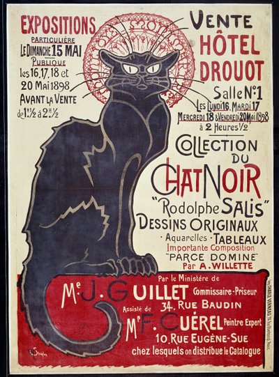 Reklamní plakát oznamující prodej sbírky Cat Noir a děl Rodolpha Salise v hotelu Drouot v roce 1898, ilustrace Theophile Alexandre Steinlen (1859-1923) od Théophile Alexandre Steinlen